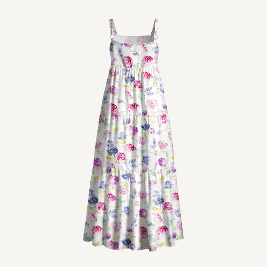 Soft Vintage Bloom Watercolor Print Wide Straps Maxi Dress With Pockets