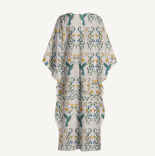 V‑Neck Whispering Hummingbird Kimono Sleeve Kaftan Dress