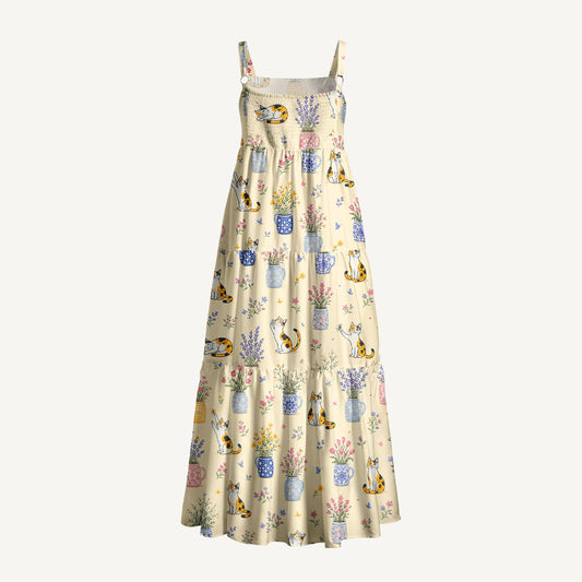 Vintage Floral Cats Print Wide Straps Maxi Dress With Pockets
