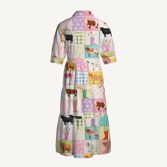 V Neck Collared Pastel Patchwork Farmyard Print Casual Midi Dress With Pockets