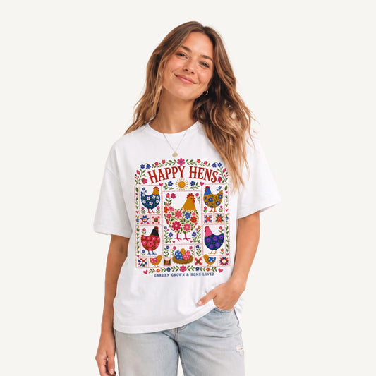 Happy Hens Floral Print Crew Neck Cotton Tee