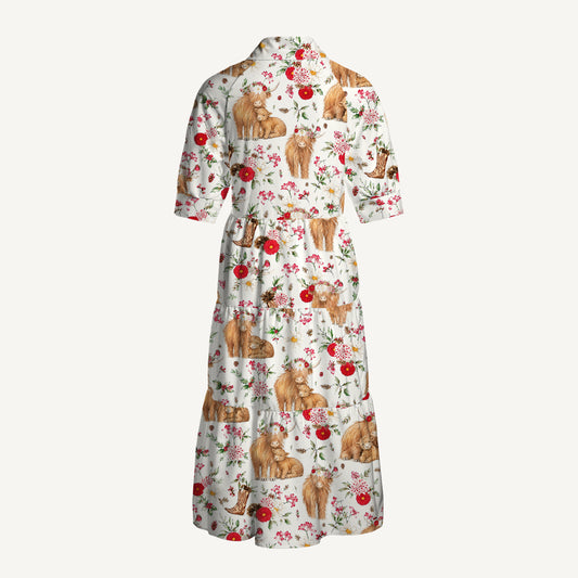 V Neck Collared Strawberry Meadow Highland Cow Print Casual Midi Dress With Pockets