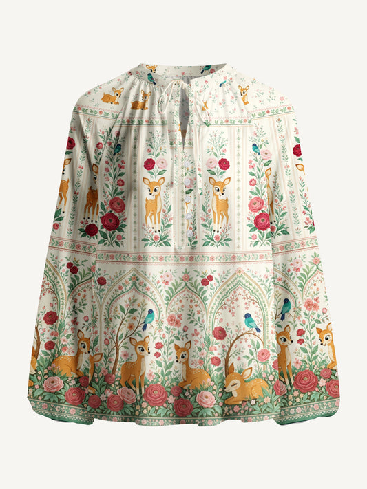Cream Garden Fawn Forest Print Boho Long Sleeve Tie‑Neck Blouse