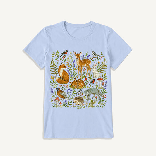 Woodland Garden Friends Print Crew Neck Cotton Tee