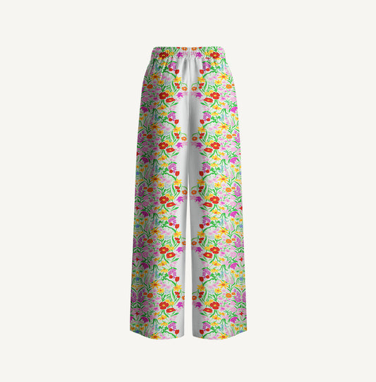 Elegant Garden Print Wide Leg Tie Waist Pants With Pockets