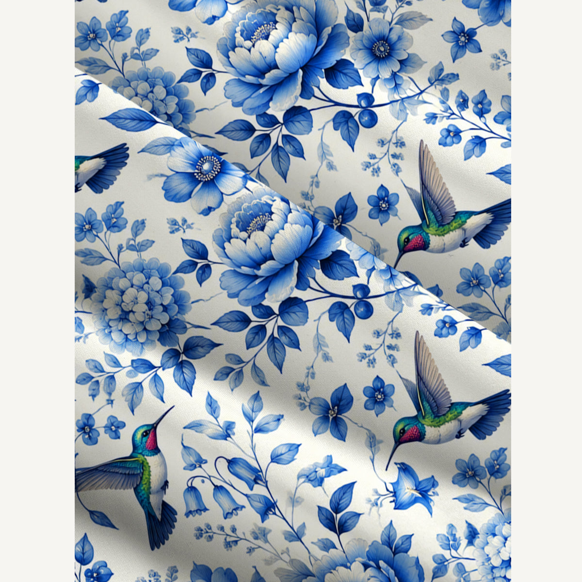 Delft Blue Hummingbird and Floral Pattern Print Wide Straps Maxi Dress With Pockets