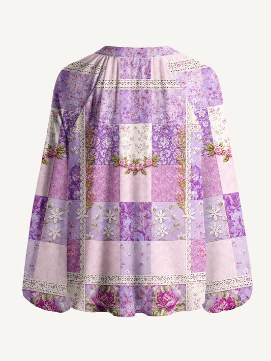 Purple Meadow Vintage Patchwork Print Boho Long Sleeve Tie‑Neck Blouse
