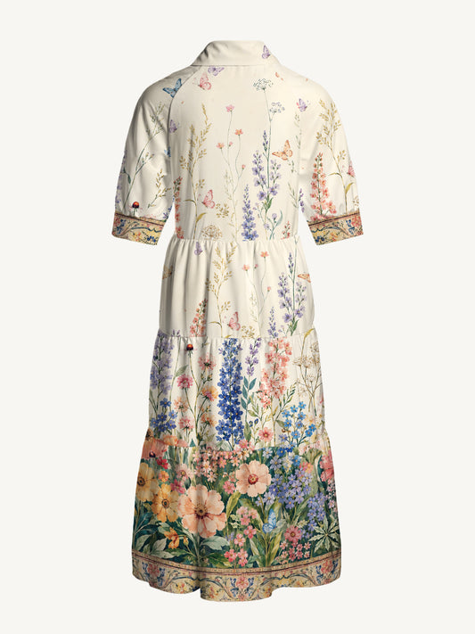 V Neck Collared Morning Wildflower Path Print Casual Midi Dress With Pockets