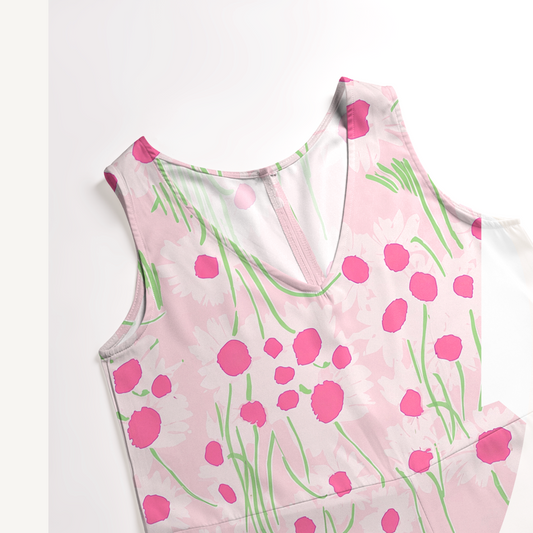 V-Neck Pink Daisy Boho Jumpsuit with Pockets for Women