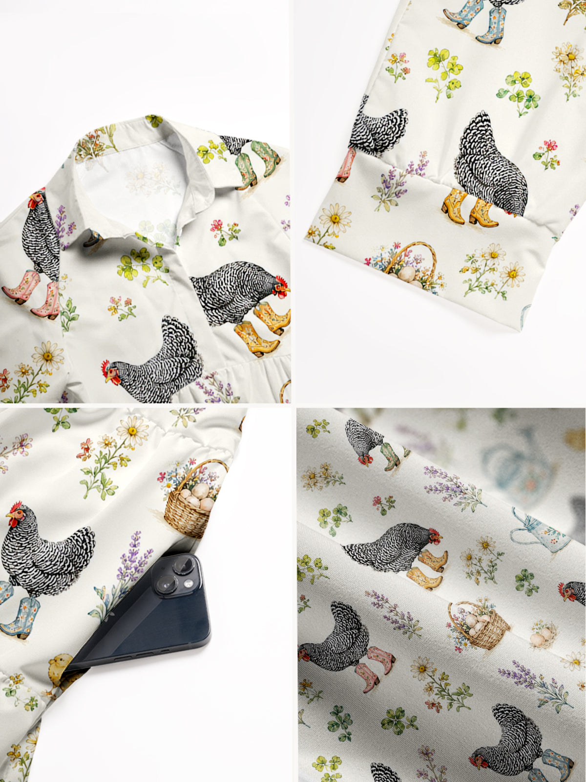 V Neck Collared Booted Chickens Print Casual Midi Dress With Pockets