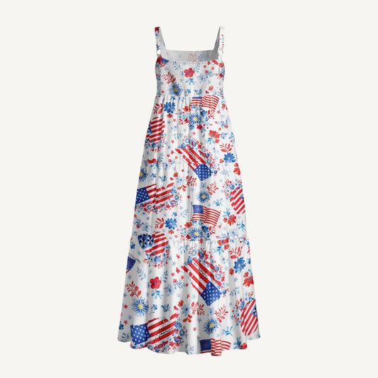 Americana Flower Hearts Print Wide Straps Maxi Dress With Pockets