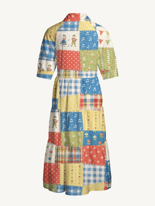 V Neck Collared Vintage Folk Patchwork Print Casual Midi Dress With Pockets