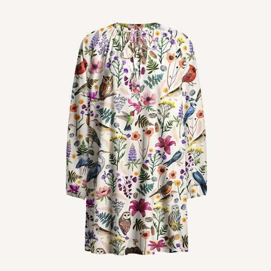 Whimsical Woodland Birds Wildflowers Print Boho Tie‑Neck Smock Mini Dress