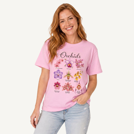 Vintage Orchid Botanical Illustration Print Crew Neck Cotton Tee