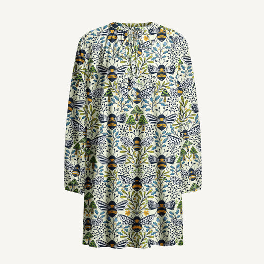 Botanical Bee Garden Print Boho Tie‑Neck Smock Mini Dress
