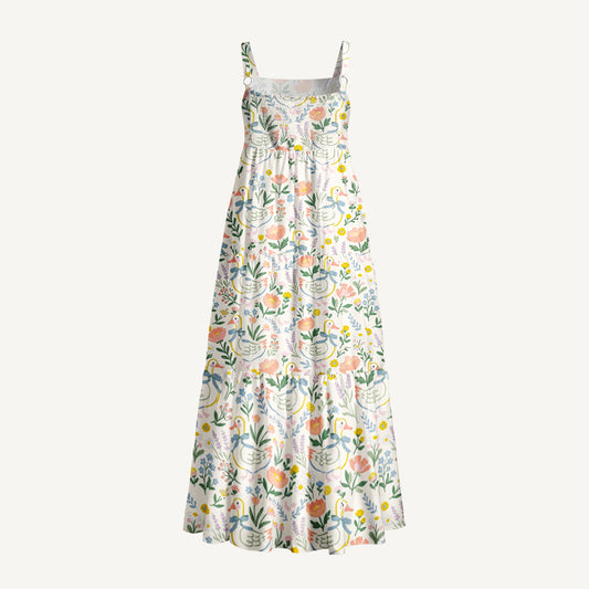 Sweet Floral Duck Wide Straps Maxi Dress With Pockets
