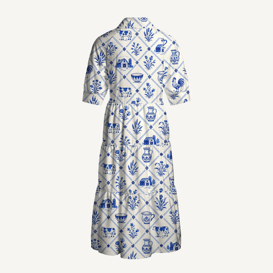 V Neck Collared Country Delft Blue Patchwork Print Casual Midi Dress With Pockets