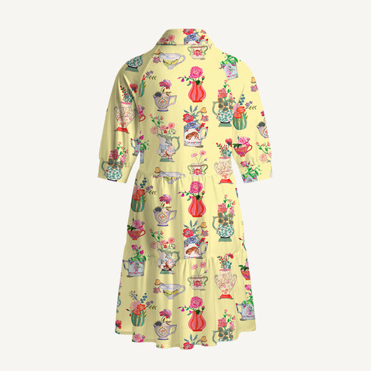V Neck Collared Colorful Flower Vase Mini Dress For Women With Pockets