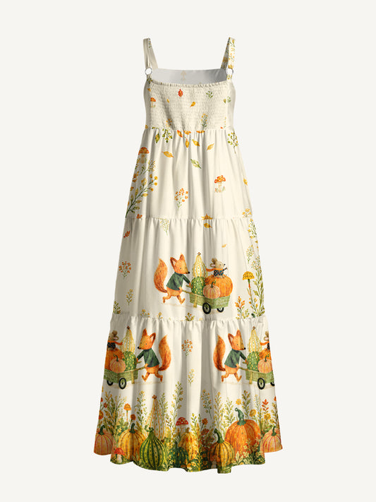 Fox & Pumpkin Harvest Print Wide Straps Maxi Dress With Pockets