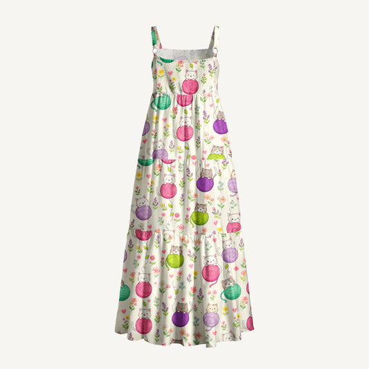 Cat Yarn Ball Print Wide Straps Maxi Dress With Pockets