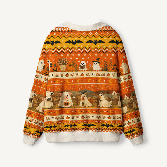 Ghostly Farm Friends Print Halloween Ugly Cardigan Sweaters