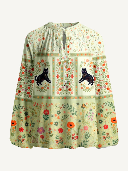 Cream Garden Black Cat Print Boho Long Sleeve Tie‑Neck Blouse