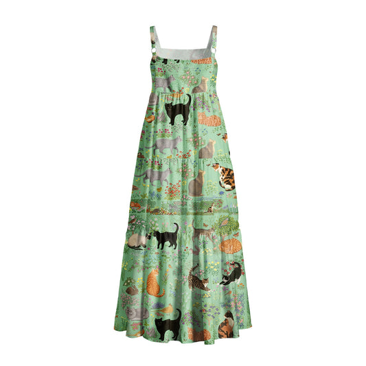 Botanical Cat Garden Print Wide Straps Maxi Dress With Pockets