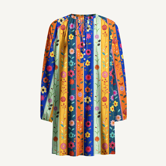 Rainbow Garden Colorblock Print Boho Long Sleeve Tie‑Neck Smock Mini Dress