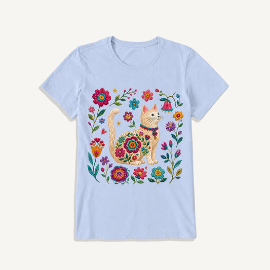 Embroidered Floral Cat Print Crew Neck Cotton Tee