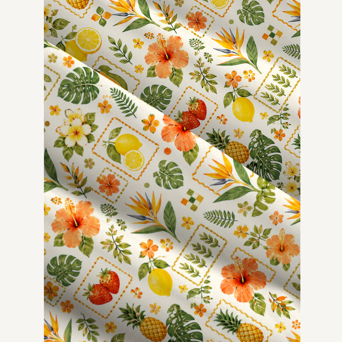 Tropical Citrus Stamp Collage Print Wide Straps Maxi Dress With Pockets