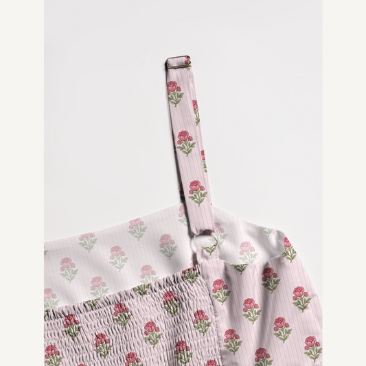 Square Neck Misty Rose Garden Print Wide Straps Maxi Dress With Pockets
