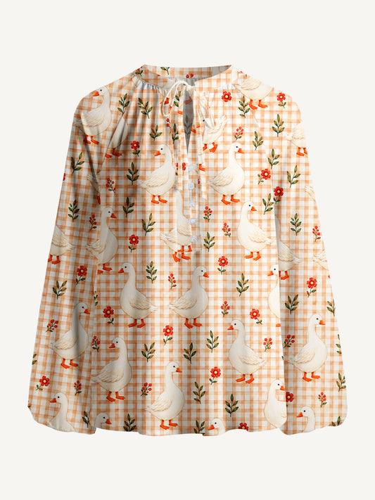 Country Gingham Garden Geese Print Boho Long Sleeve Tie‑Neck Blouse