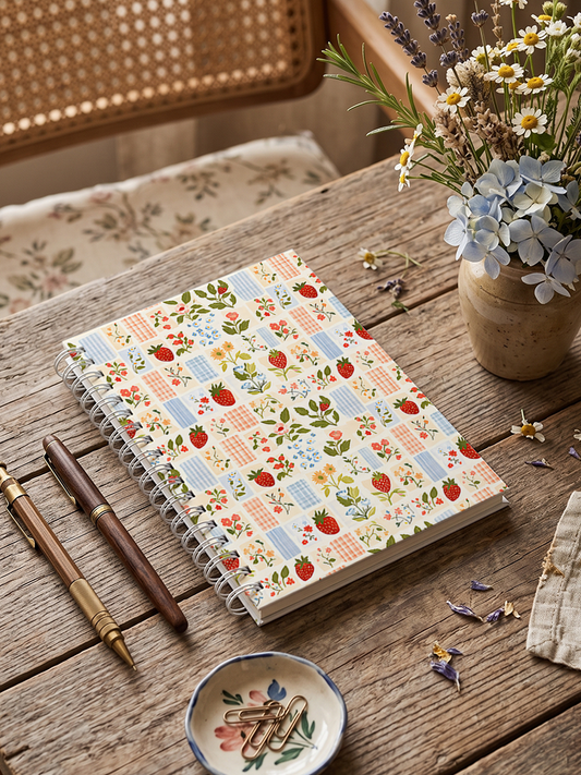 Strawberry Garden Patchwork Print A5 Spiral Notebook