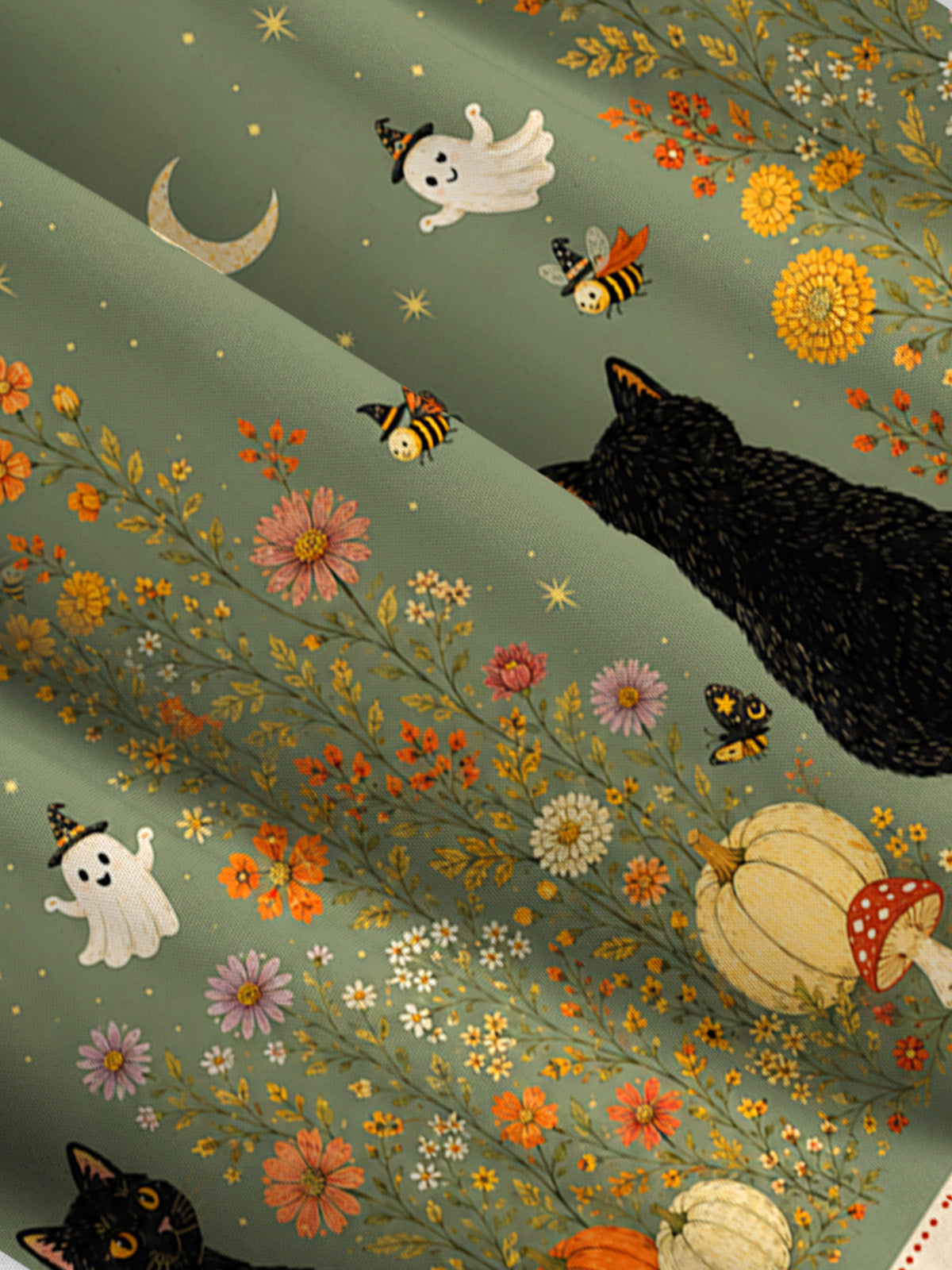 Twilight Pumpkin Garden Black Cat Print Wide Straps Maxi Dress With Pockets