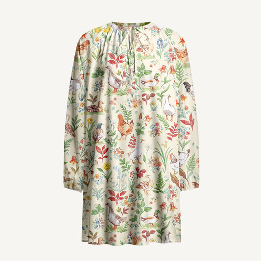 Countryside Garden Critter Print Boho Long Sleeve Tie‑Neck Smock Mini Dress