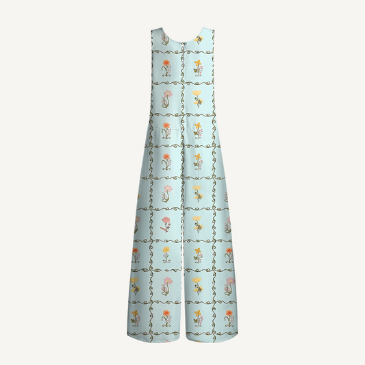 V-Neck Sunny Garden Tiles Boho Jumpsuit with Pockets for Women