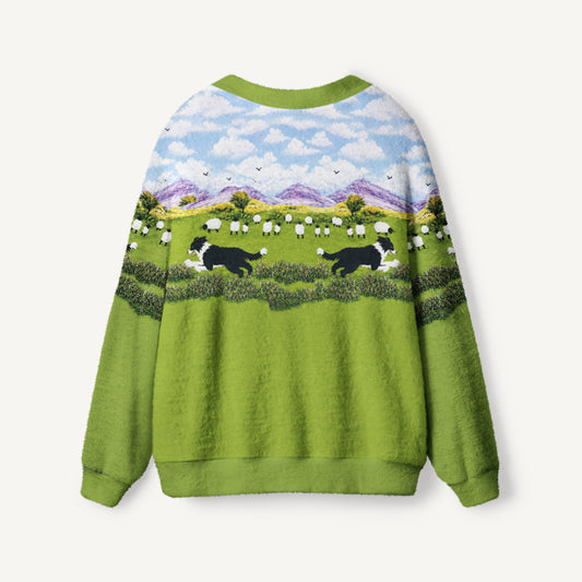 Green Meadow Sheepdog Print Ugly Cardigan Sweaters