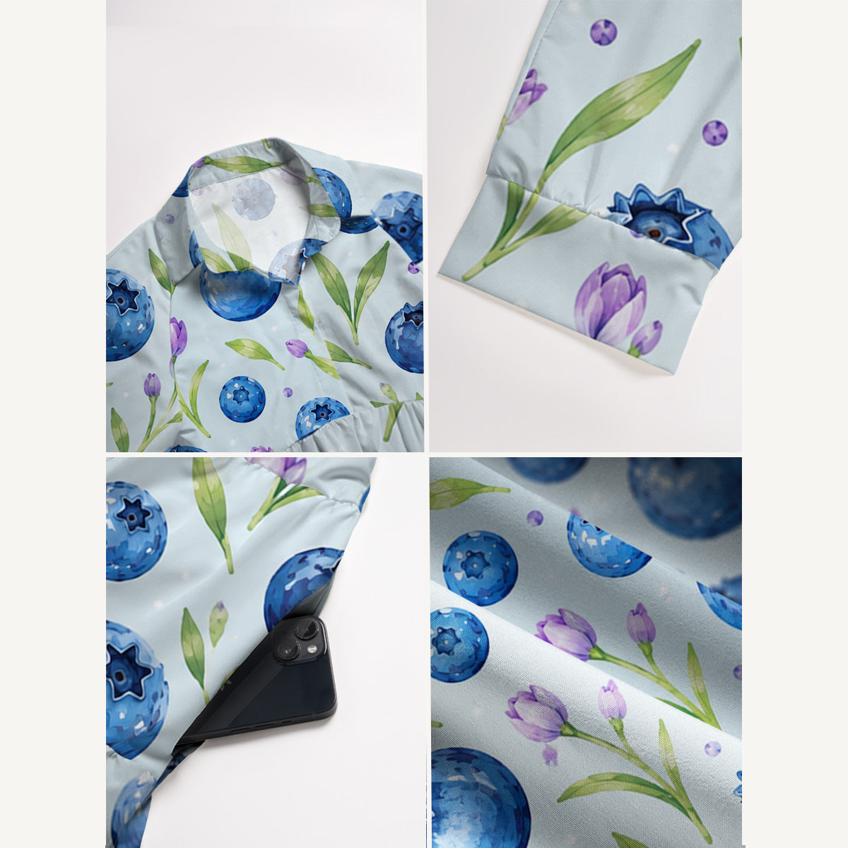 V Neck Collared Blueberry Blossom Pattern Print Casual Midi Dress With Pockets
