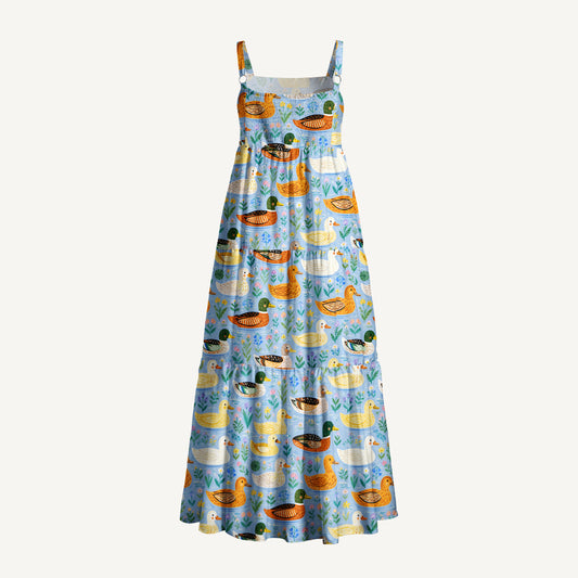 Colourful Duck Flower Print Wide Straps Maxi Dress With Pockets