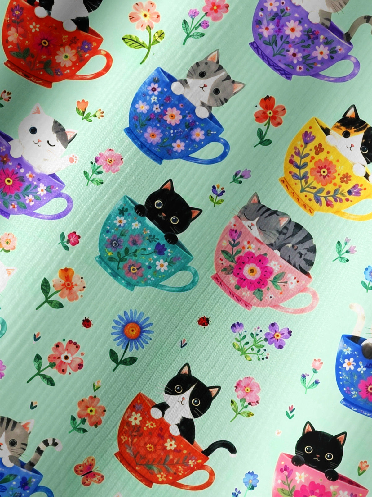 Cute Teacup Kitten Print Boho Long Sleeve Tie‑Neck Blouse