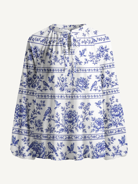 Bluebird Blossom Toile Print Boho Long Sleeve Tie‑Neck Blouse