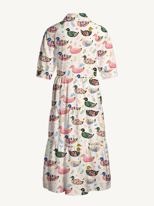 V Neck Collared Whimsical Floral Ducks Print Casual Midi Dress With Pockets
