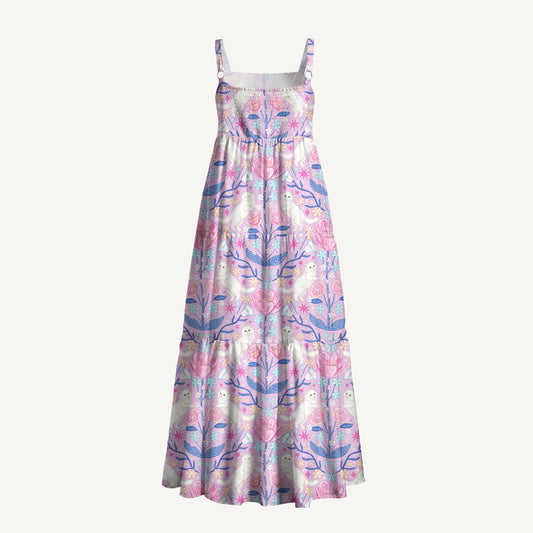 Cute White Cat Print Wide Straps Maxi Dress With Pockets