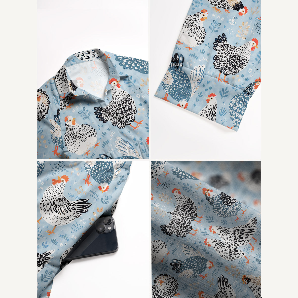 V Neck Collared Chickens Blue Print Casual Midi Dress With Pockets
