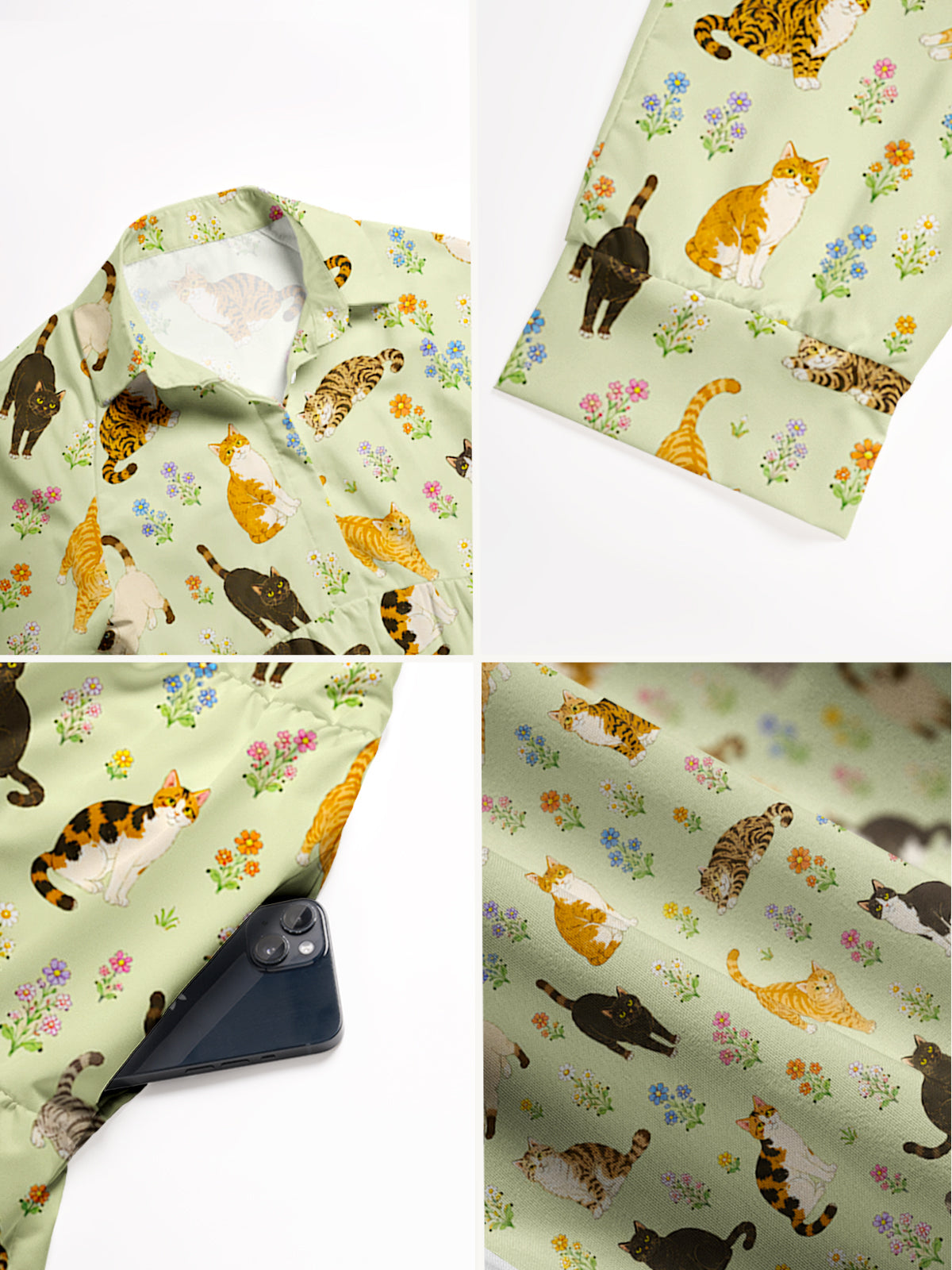 V Neck Collared Spring Meadow Garden Kitty Print Casual Midi Dress With Pockets