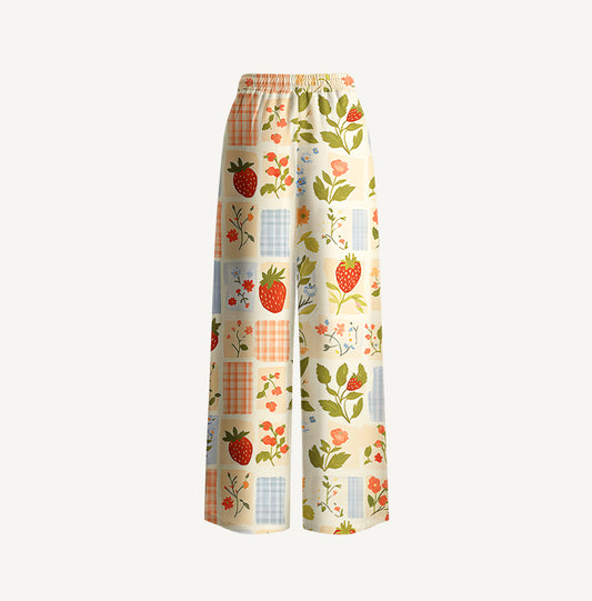 Strawberry Garden Patchwork Print Wide Leg Tie Waist Pants With Pockets
