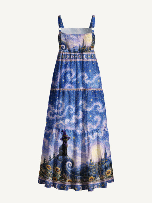 Starry Night Magic Garden Black Cat Print Wide Straps Maxi Dress With Pockets
