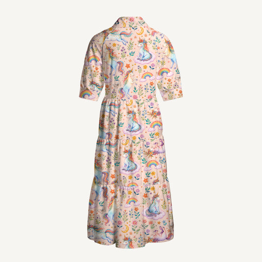 V Neck Collared Unicorn Bloom Fantasy Print Quilt Print Casual Midi Dress With Pockets