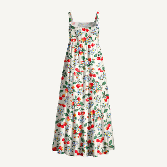 Cottage Garden Cherry Pattern Print Wide Straps Maxi Dress With Pockets