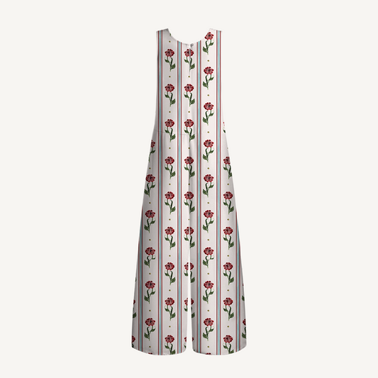 V-Neck Crimson Dianthus Boho Jumpsuit with Pockets for Women